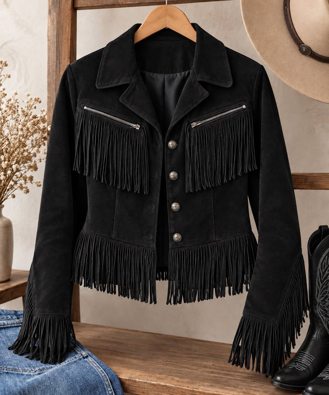 Western Fringe Button-Front Jacket With Notched Collar – Black
