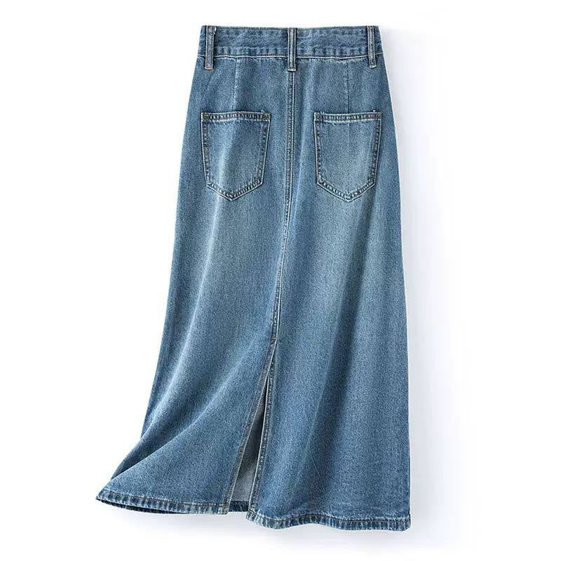 High-Waisted A-Line Maxi Skirt With Back Slit – Blue