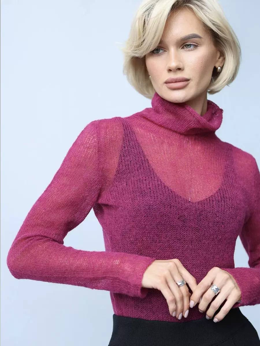 Sheer Knit Turtleneck Sweater With Long Sleeves – Fuchsia