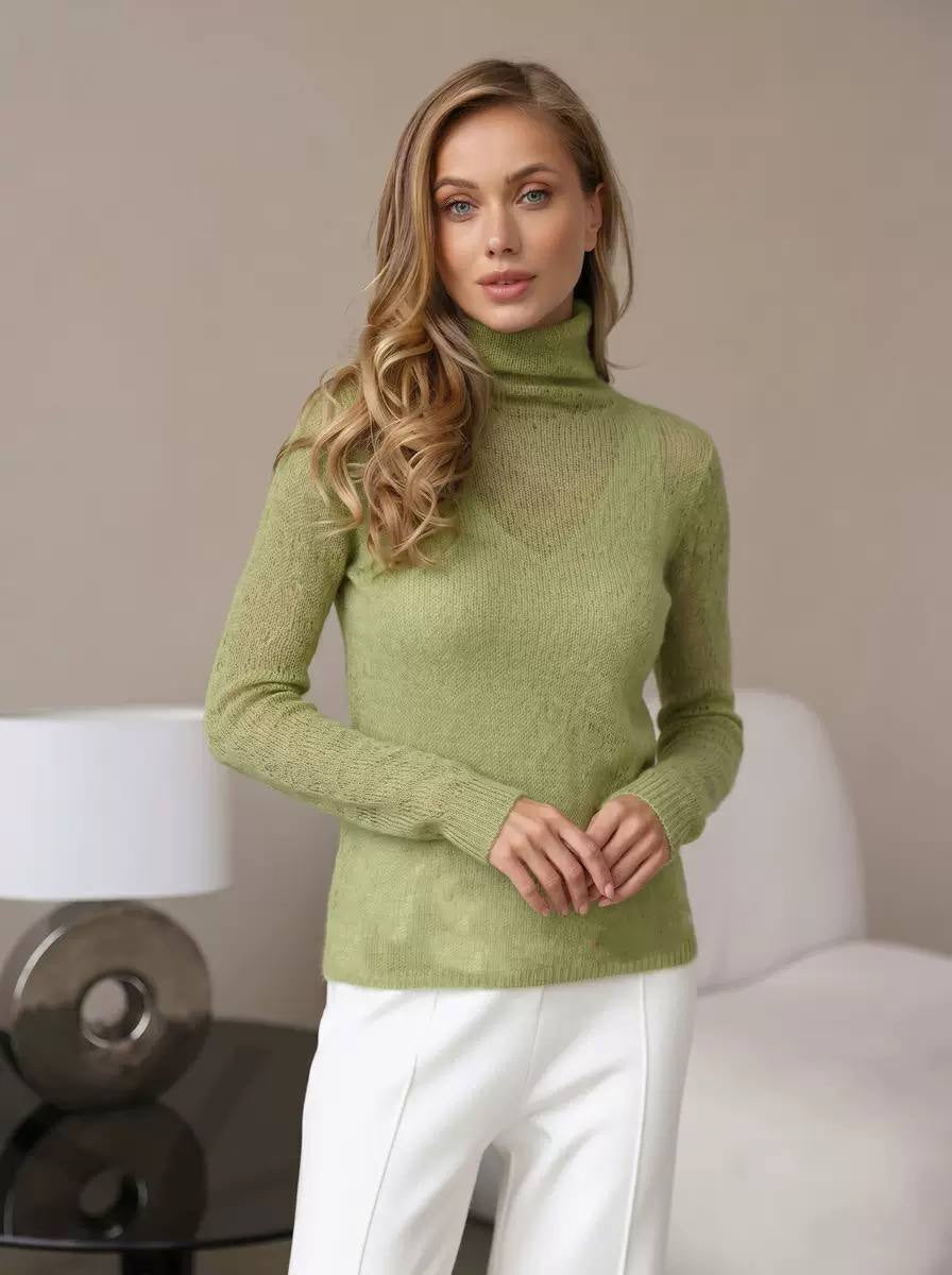 Sheer Knit Turtleneck Sweater With Long Sleeves – Light Green