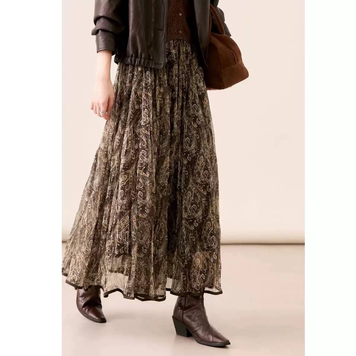 Paisley Print A-Line Maxi Skirt With Sheer Hem – Brown Paisley