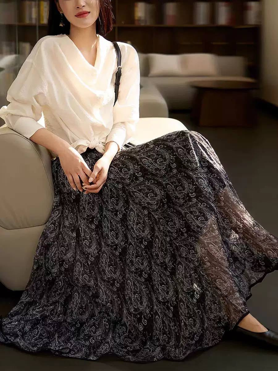 Paisley Print A-Line Maxi Skirt With Sheer Hem – Black Paisley