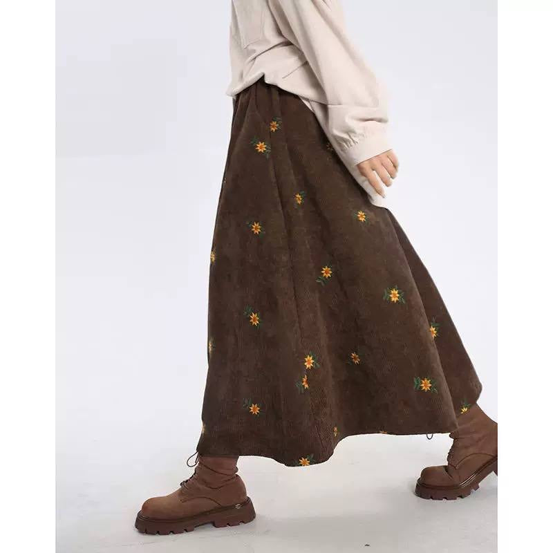 Floral A-Line Midi Skirt With Elastic Waist – Brown Floral