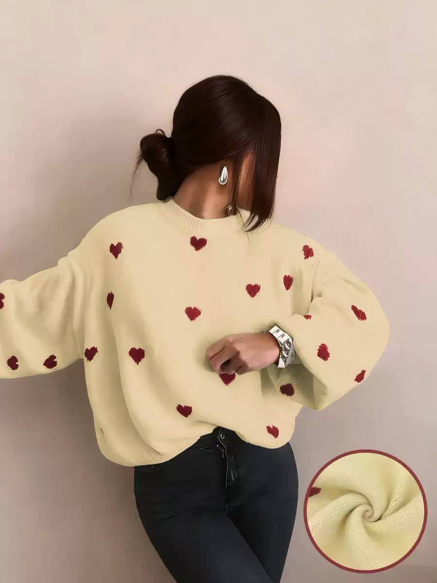 Relaxed Heart Pattern Crewneck Sweater With Long Sleeves – Yellow Hearts