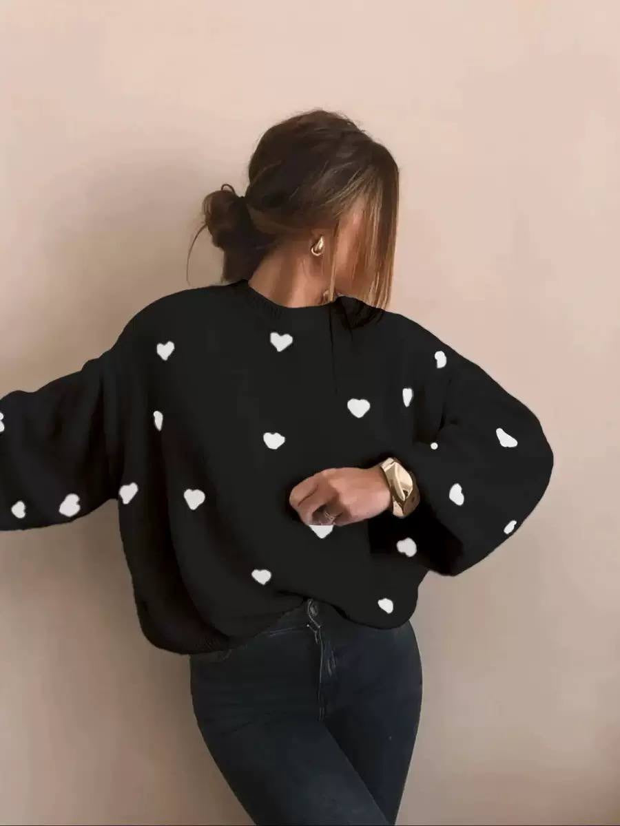 Relaxed Heart Pattern Crewneck Sweater With Long Sleeves – Black Hearts
