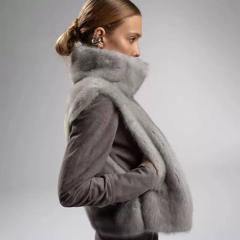 Plush Textured Vest With a High Collar – Grey