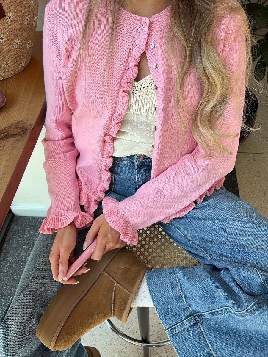 Ruffle Trim Button-Front Cardigan With Long Sleeves – Pink