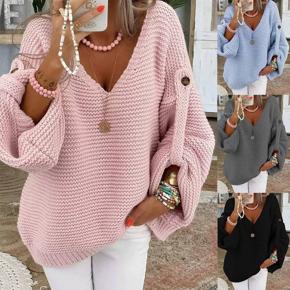 Relaxed V-Neck Knit Sweater With Button-Detail Sleeves