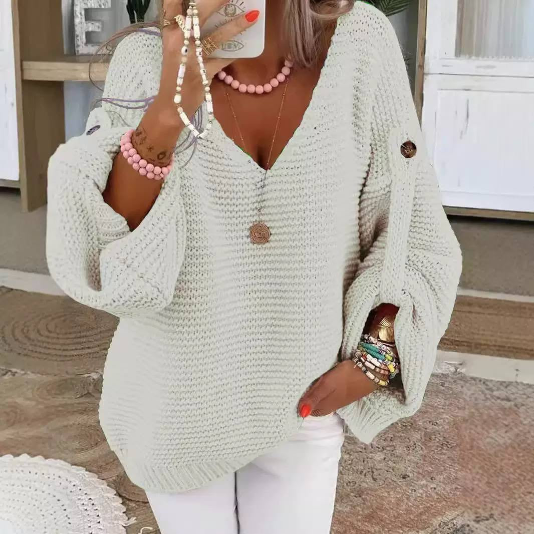 Relaxed V-Neck Knit Sweater With Button-Detail Sleeves – Cream