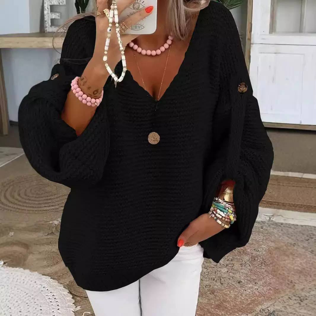 Relaxed V-Neck Knit Sweater With Button-Detail Sleeves – Black