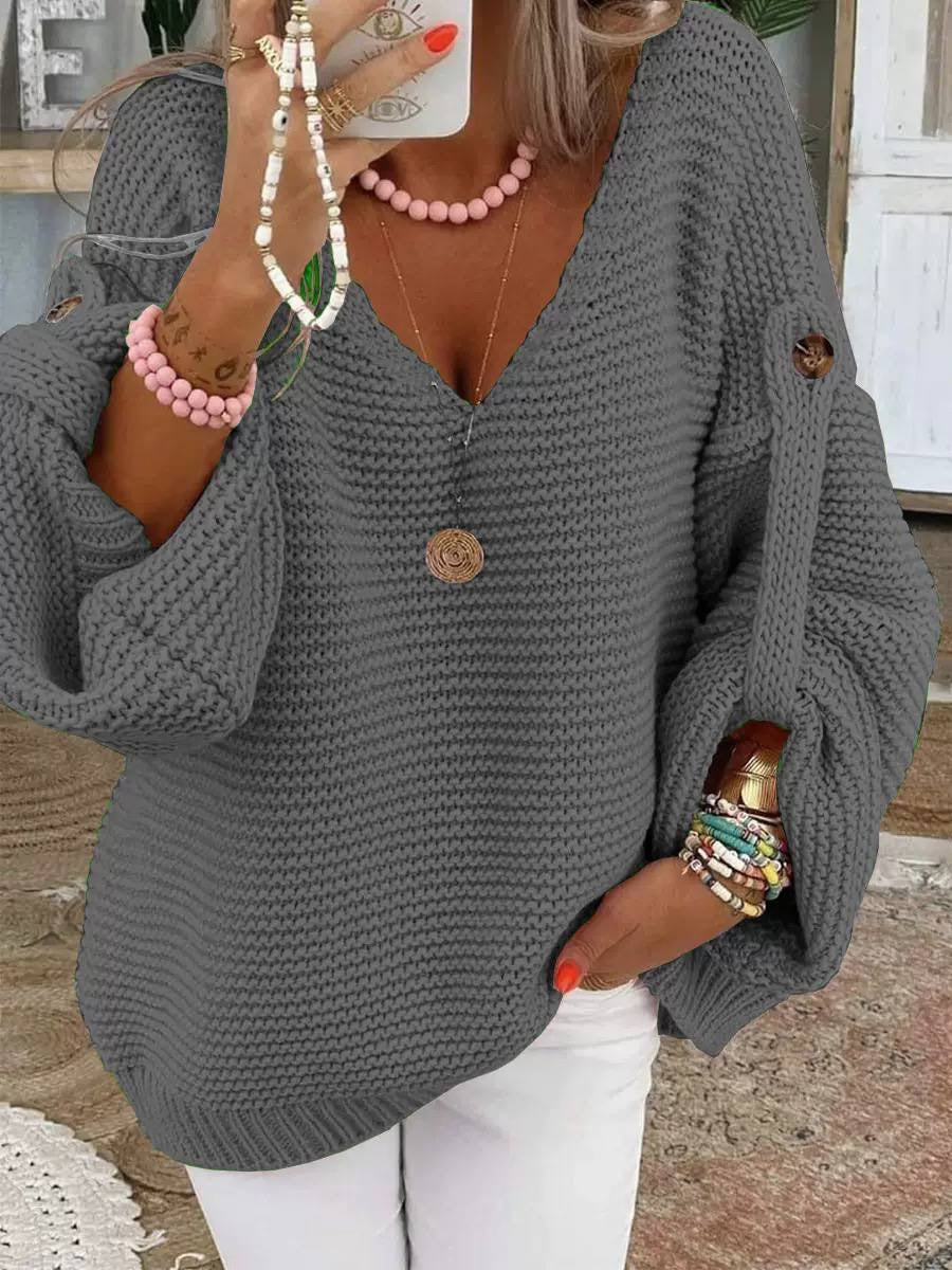 Relaxed V-Neck Knit Sweater With Button-Detail Sleeves – Grey