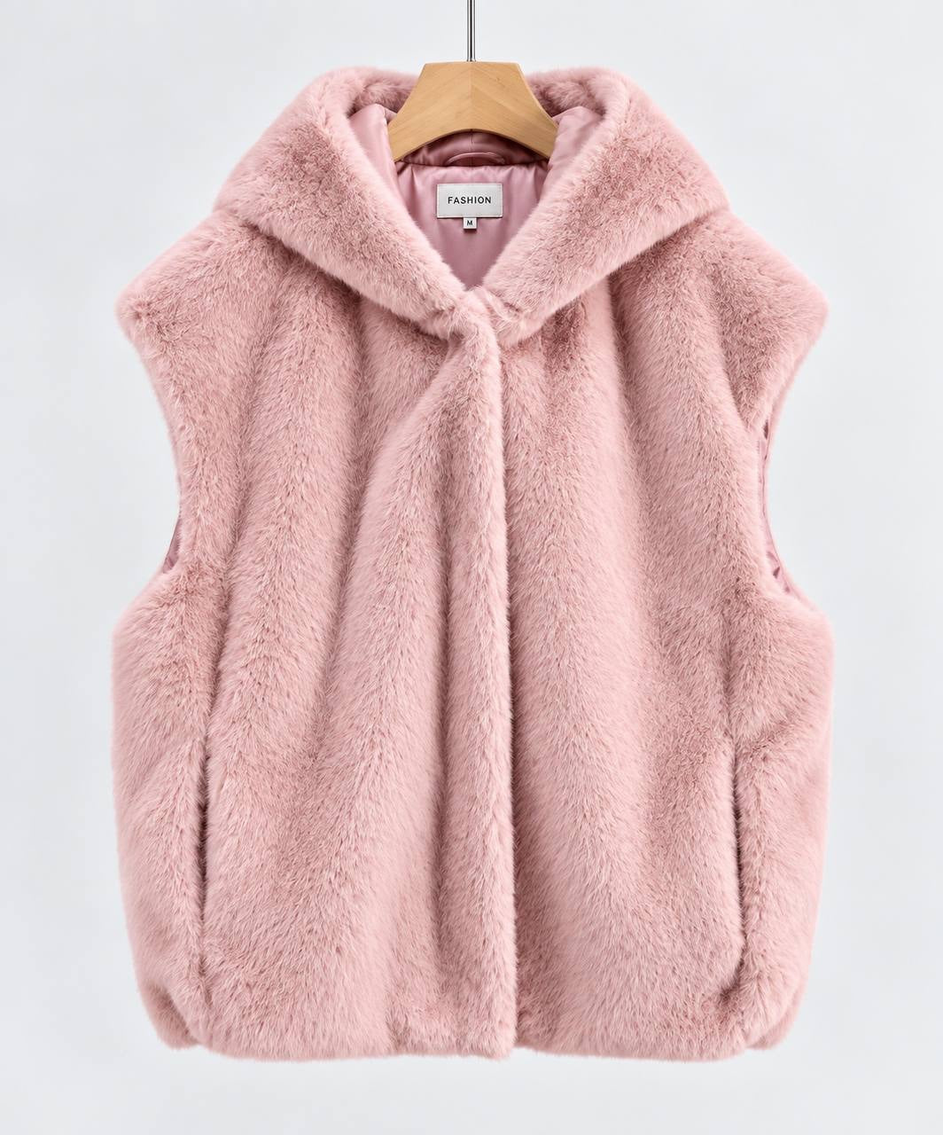 Hooded Plush-Texture Vest With Relaxed Fit And Pockets – Pink