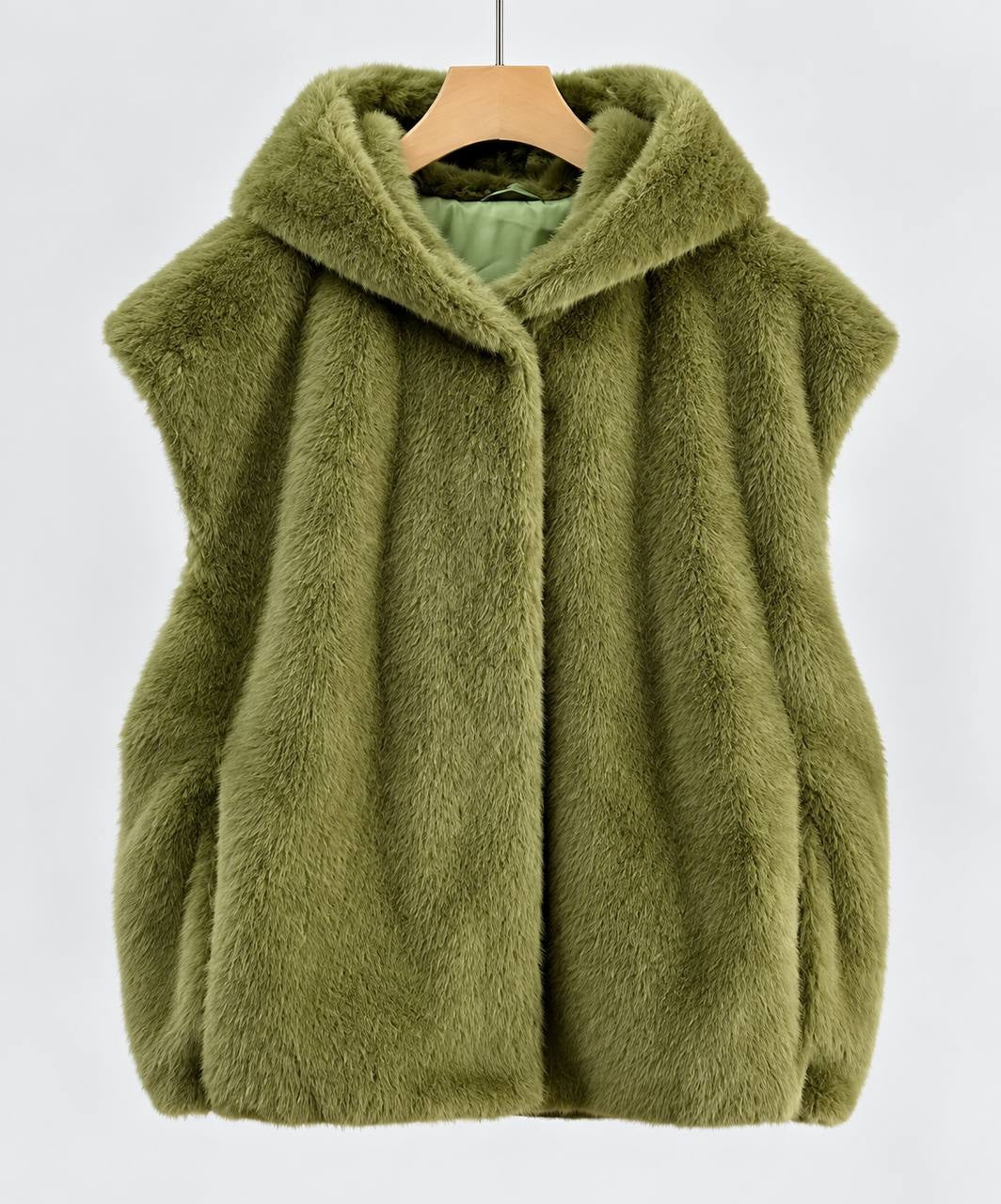 Hooded Plush-Texture Vest With Relaxed Fit And Pockets – Olive Green