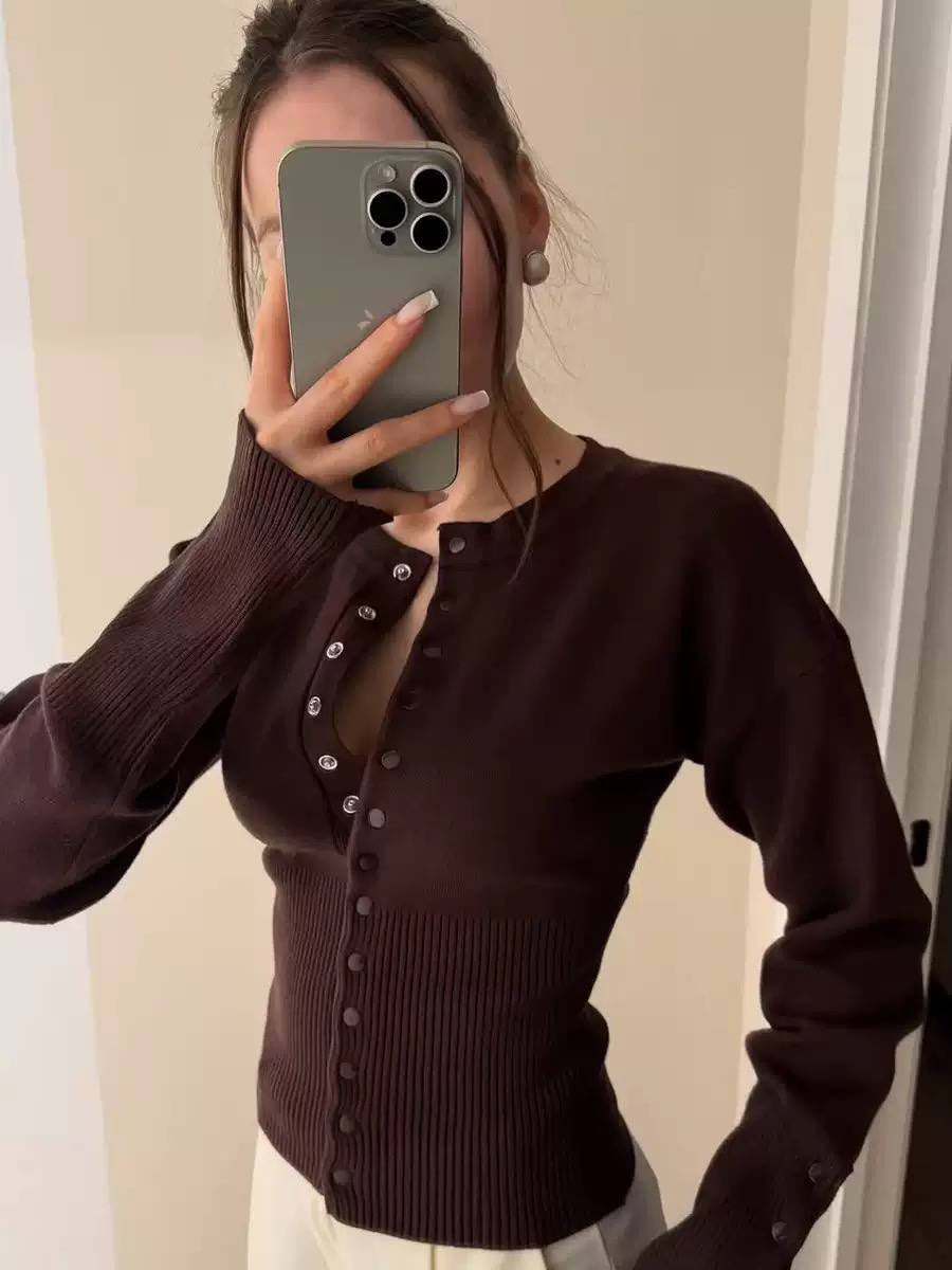 Round Neck Snap-Front Cardigan With Ribbed Waist – Dark Brown