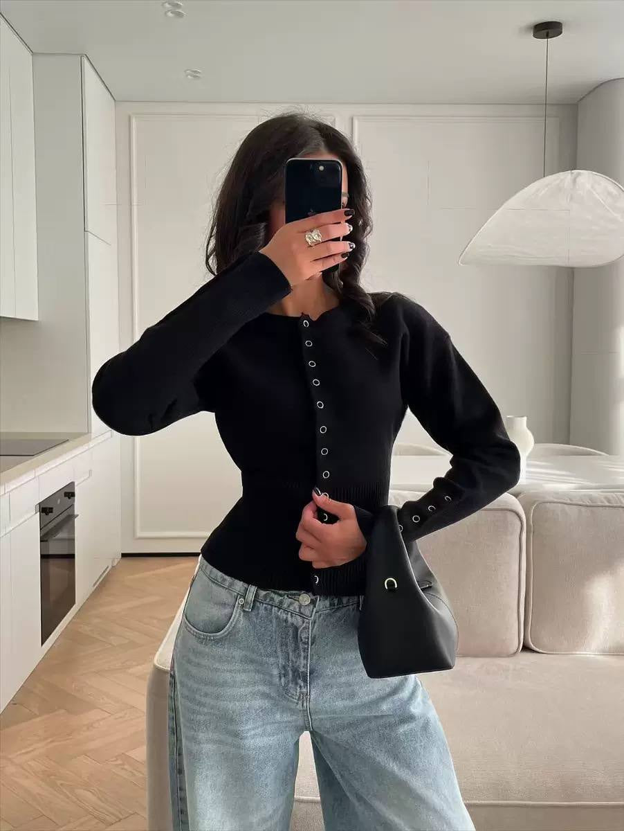 Round Neck Snap-Front Cardigan With Ribbed Waist – Black