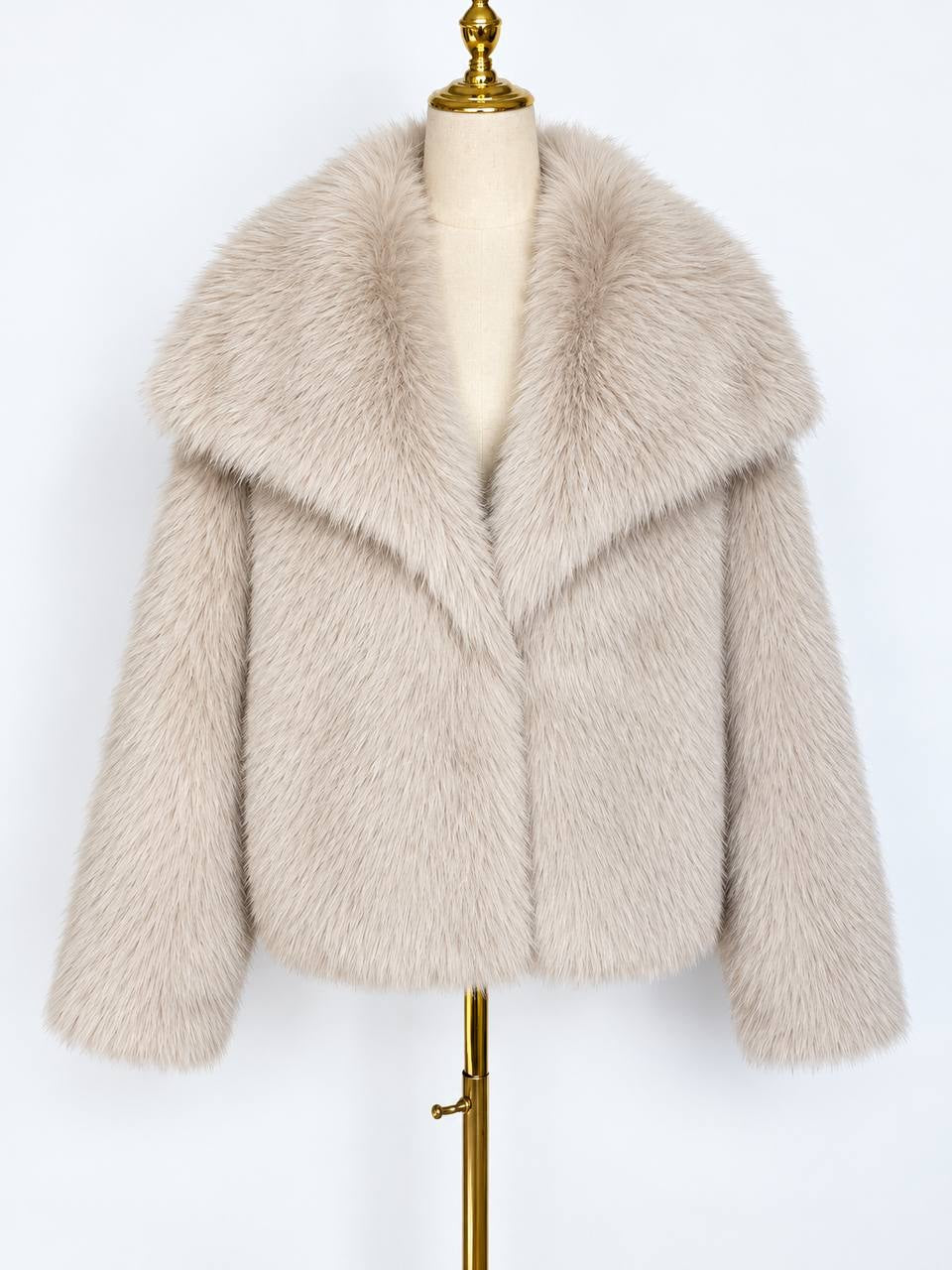 Textured Short Jacket With Oversized Collar – Beige