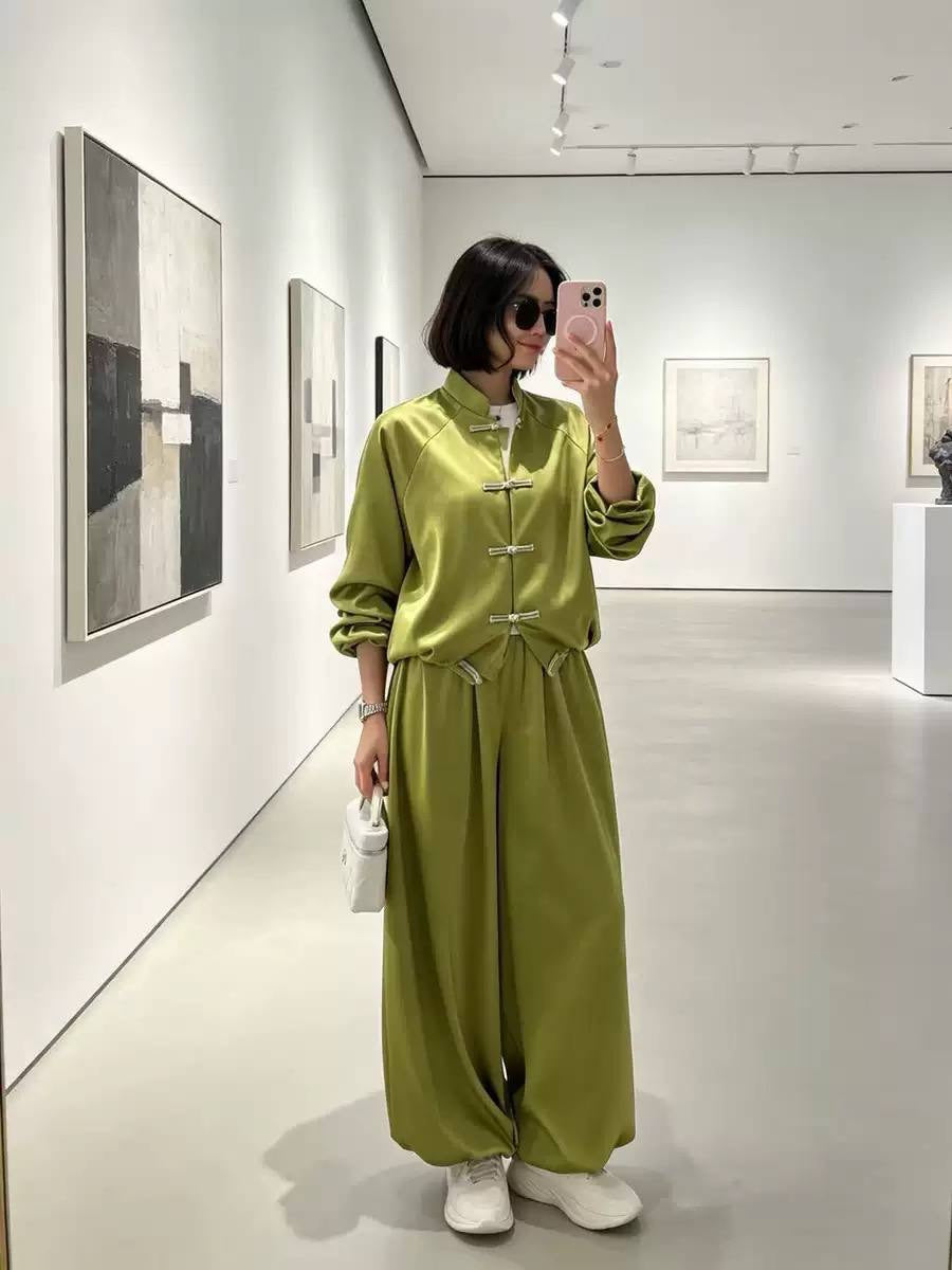 Frog Closure Jacket and Wide Leg Pants Set – Olive Green