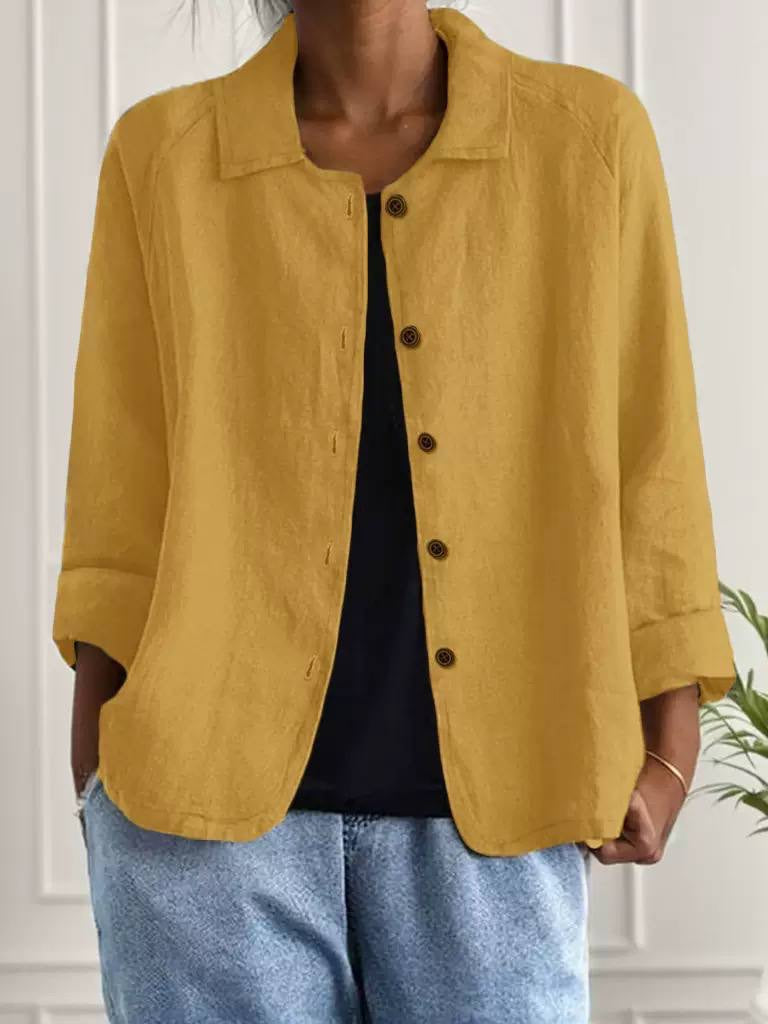Relaxed Button-Front Collared Jacket With Turned-Up Cuffs – Mustard