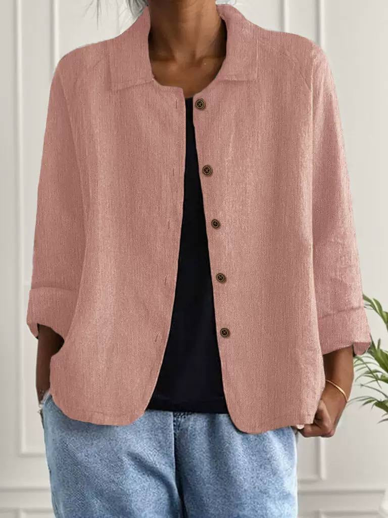 Relaxed Button-Front Collared Jacket With Turned-Up Cuffs – Pink