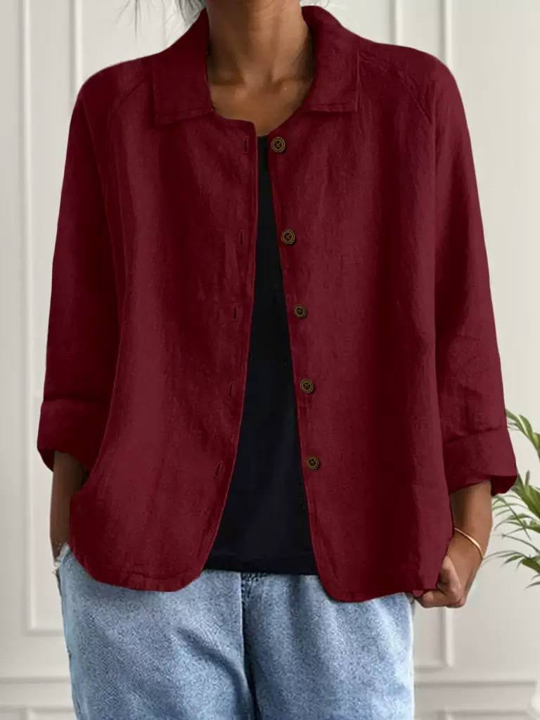 Relaxed Button-Front Collared Jacket With Turned-Up Cuffs – Burgundy