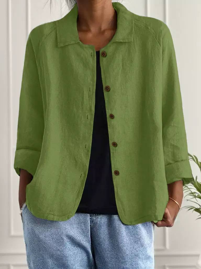 Relaxed Button-Front Collared Jacket With Turned-Up Cuffs – Green