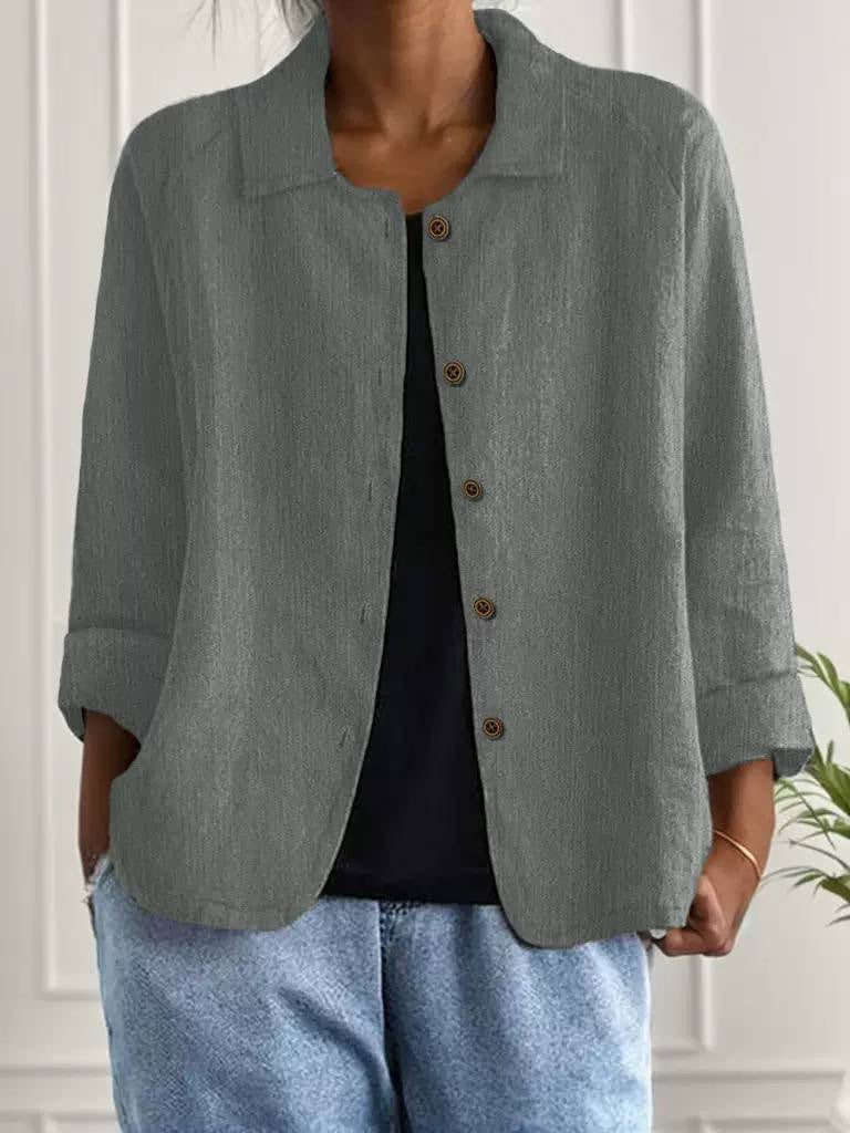 Relaxed Button-Front Collared Jacket With Turned-Up Cuffs – Grey Green