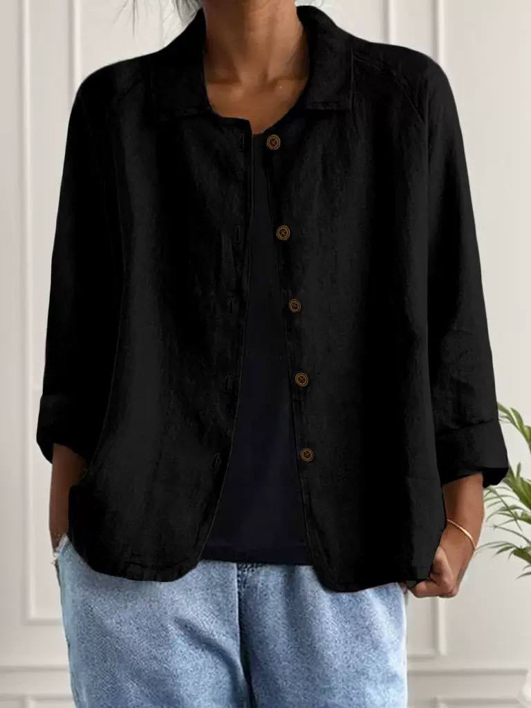 Relaxed Button-Front Collared Jacket With Turned-Up Cuffs – Black