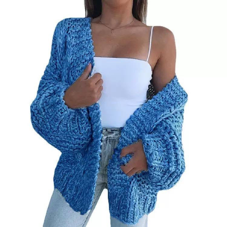 Oversized Chunky Knit Open-Front Cardigan With Balloon Sleeves – Blue