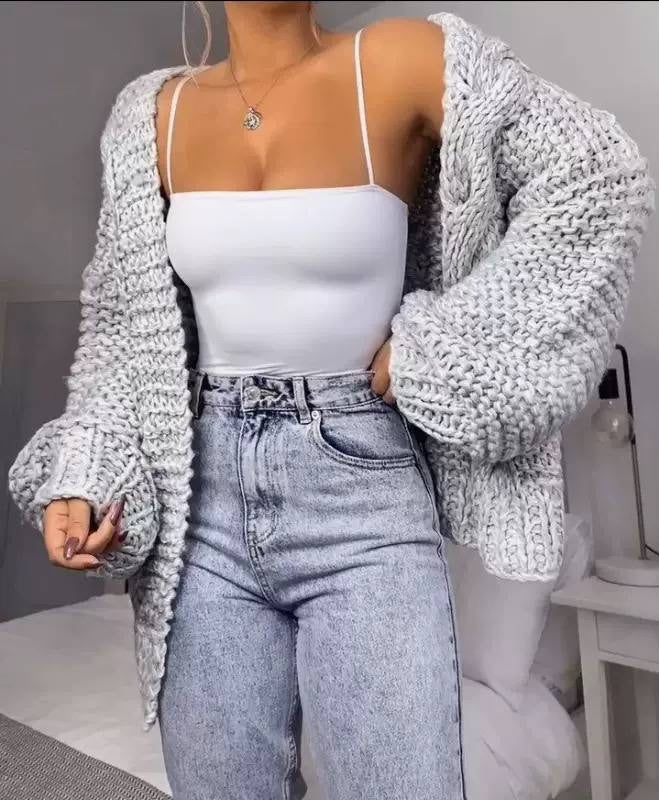 Oversized Chunky Knit Open-Front Cardigan With Balloon Sleeves – Light Grey