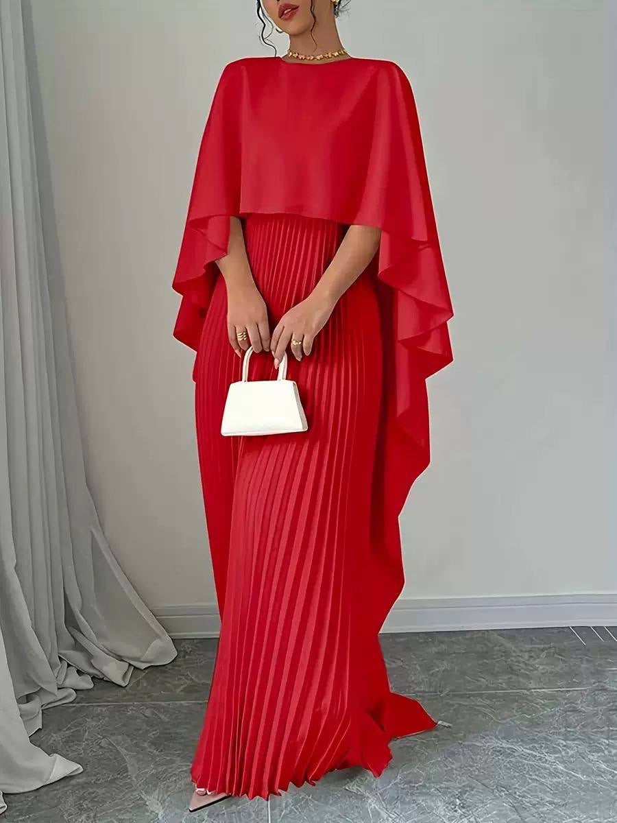 Pleated Maxi Dress With Cascading Cape Overlay – Red