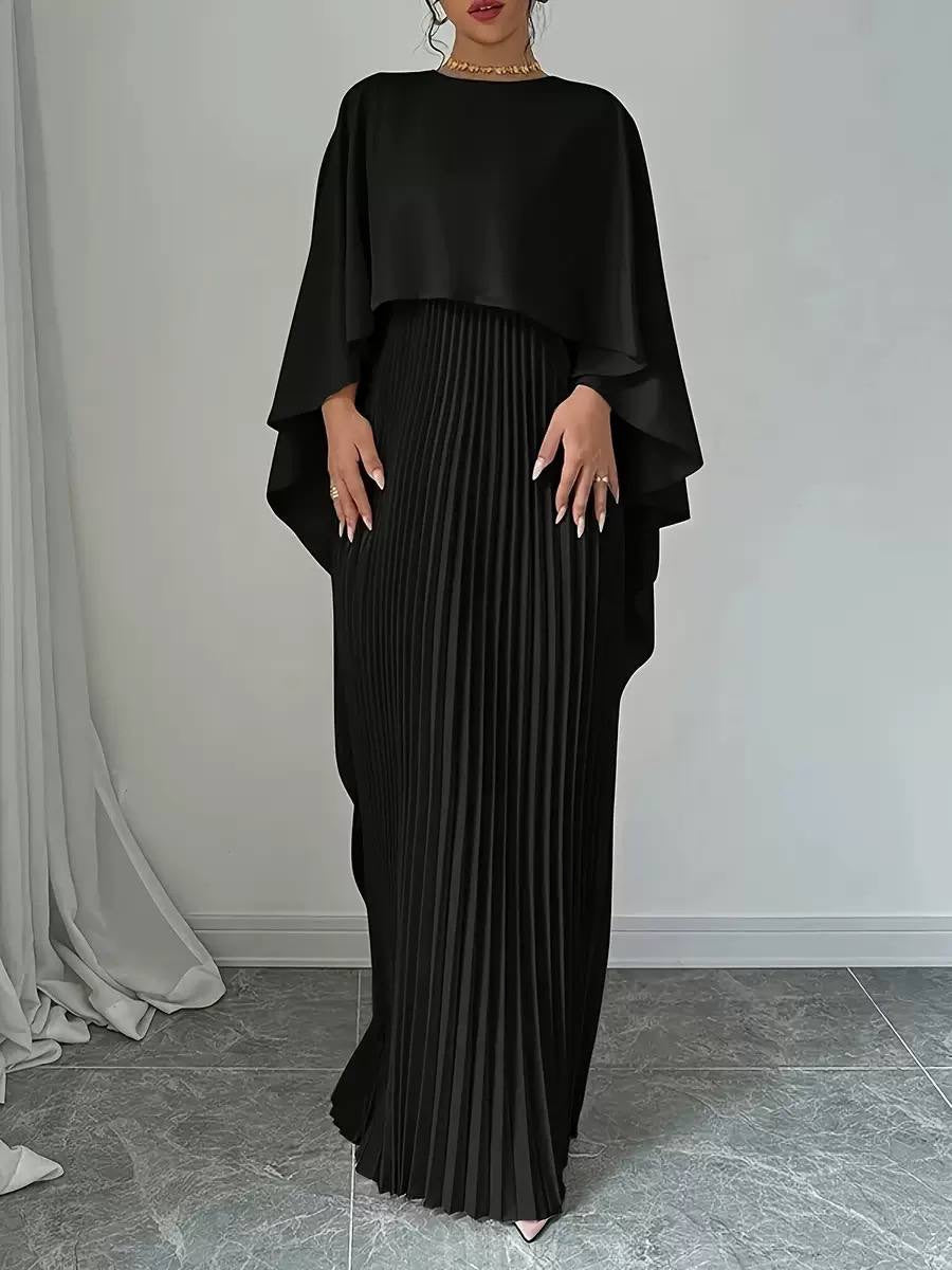 Pleated Maxi Dress With Cascading Cape Overlay – Black