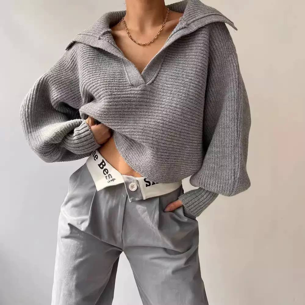 Relaxed Collared V-Neck Sweater With Balloon Sleeves – Grey
