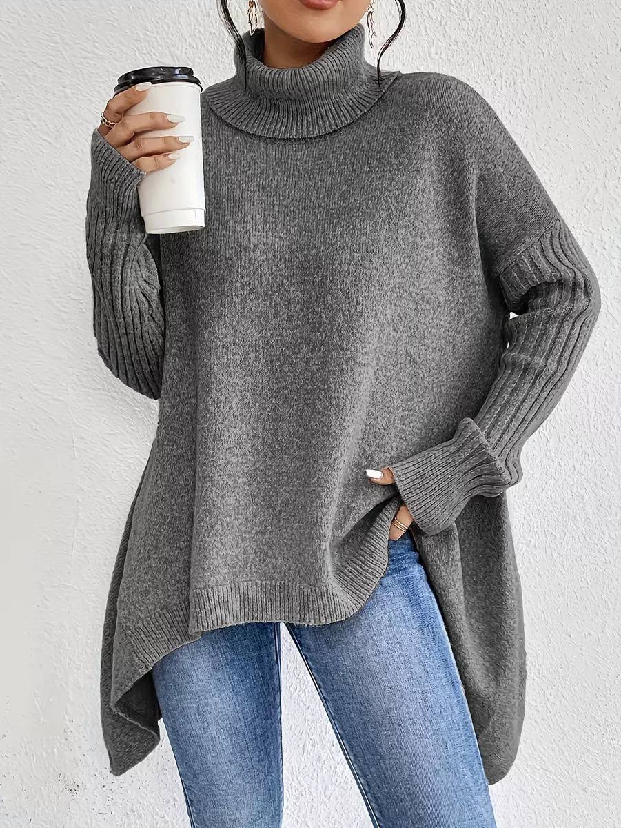 Oversized Turtleneck Sweater With Ribbed Sleeves and Asymmetric Hem – Grey