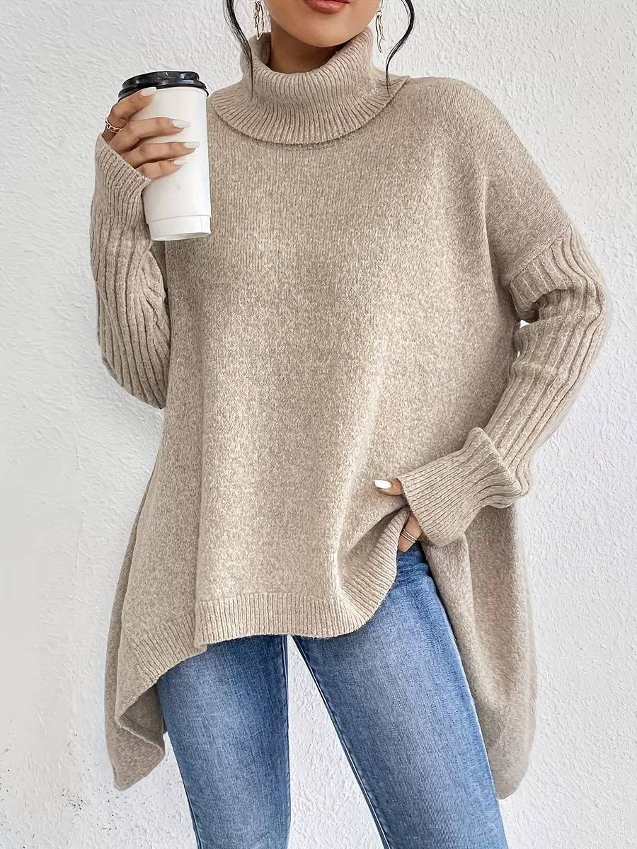 Oversized Turtleneck Sweater With Ribbed Sleeves and Asymmetric Hem – Beige