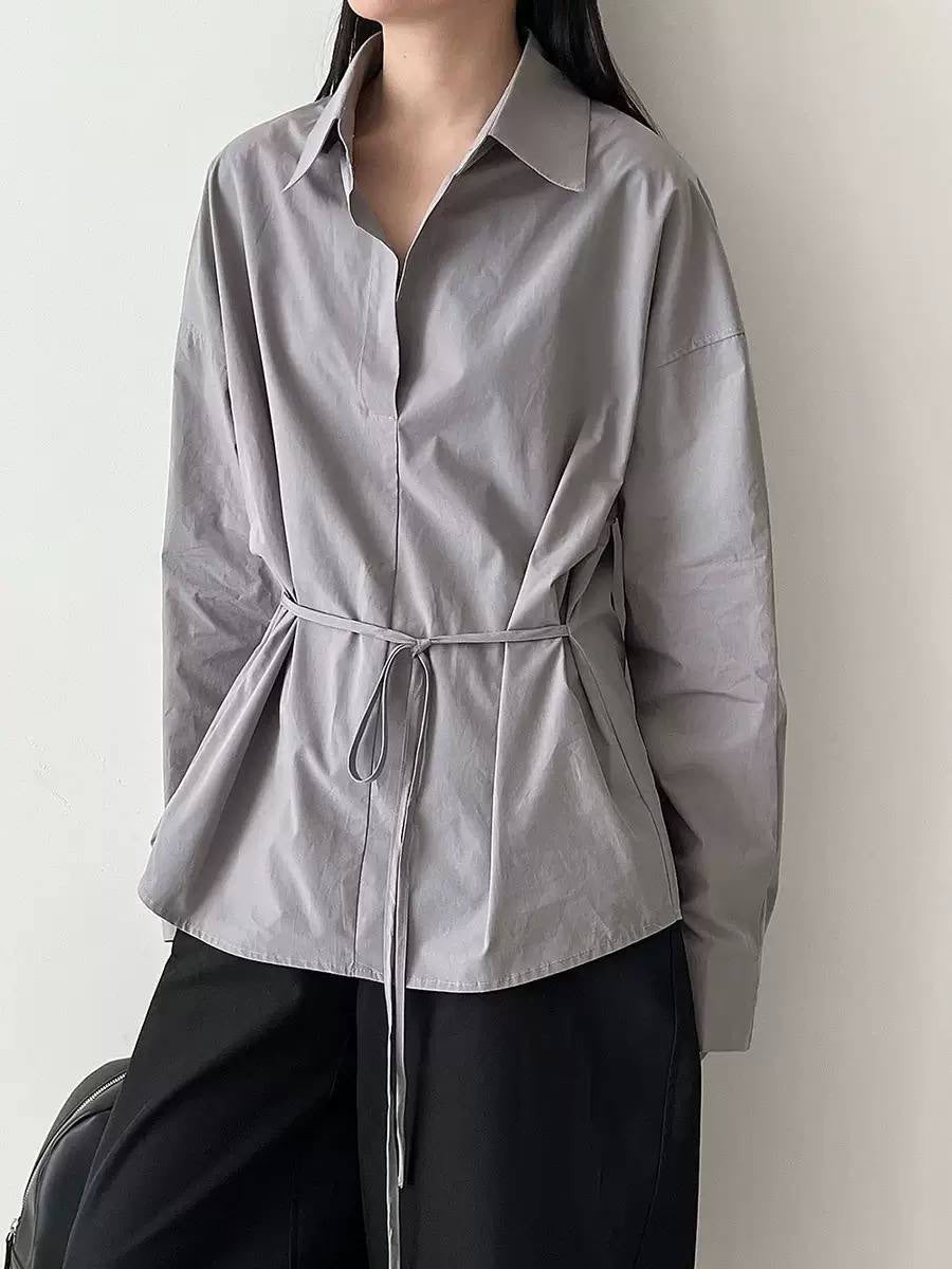 Relaxed Collared Tie-Waist Blouse With Long Sleeves – Grey