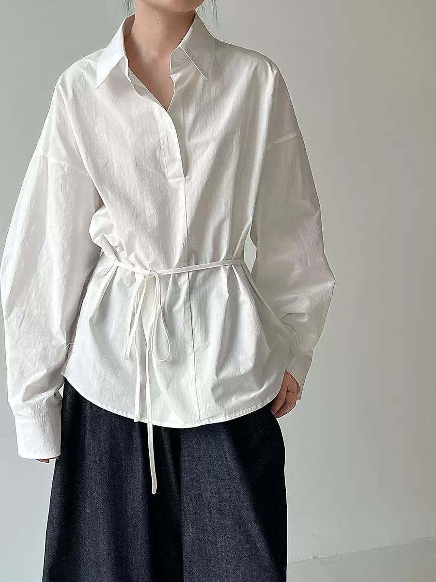 Relaxed Collared Tie-Waist Blouse With Long Sleeves – White