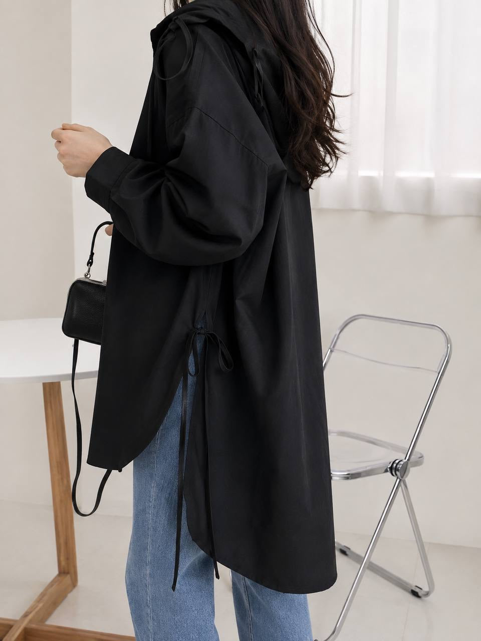 Oversized Button-Front Blouse With Long Sleeves and Side Ties – Black