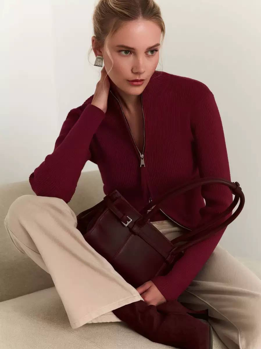 Fitted Ribbed Two-Way Zip Cardigan With Stand Collar – Burgundy