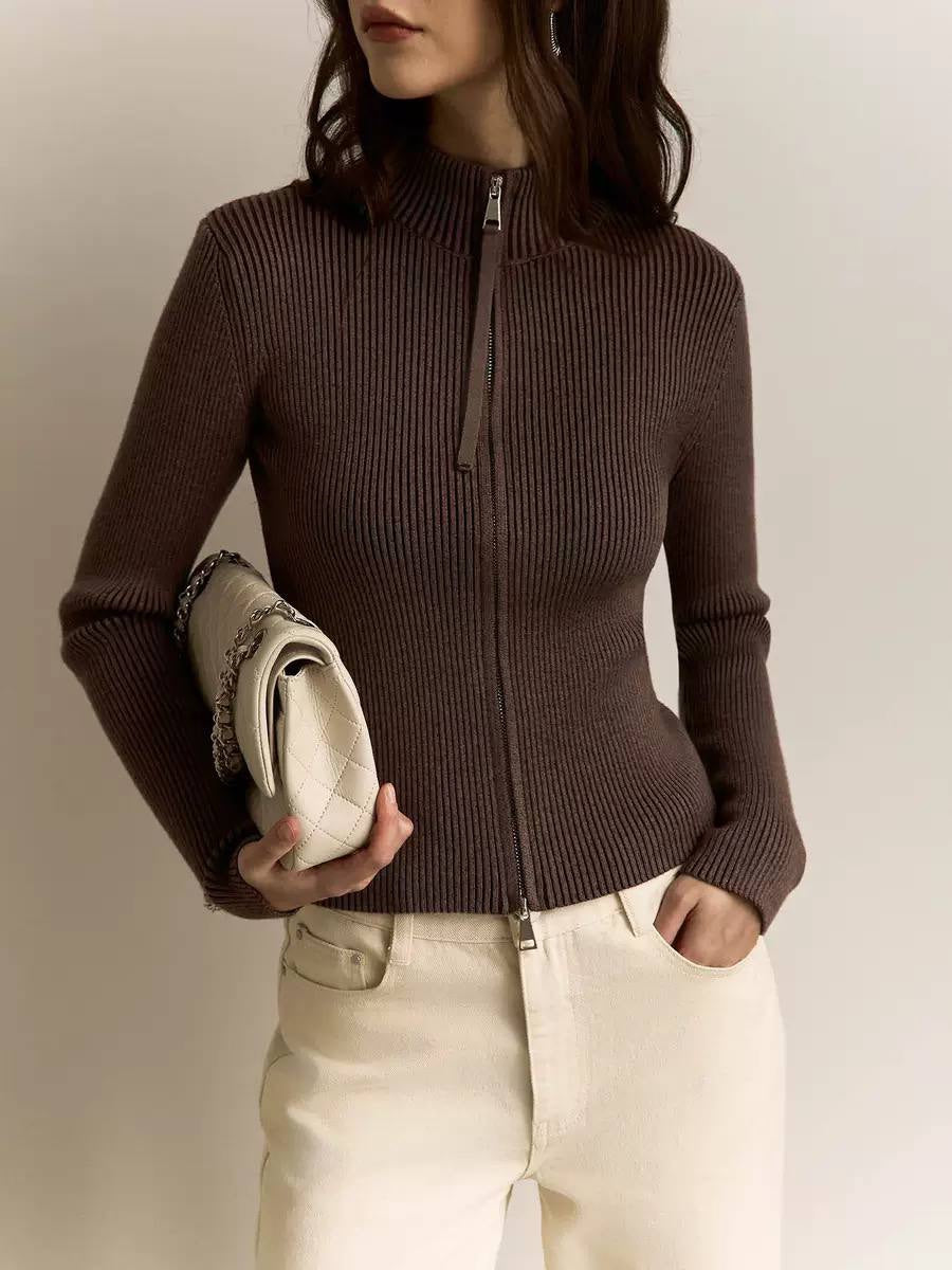 Fitted Ribbed Two-Way Zip Cardigan With Stand Collar – Brown