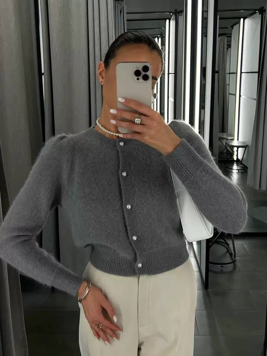 Round Neck Button-Front Cardigan With Puff Shoulder Sleeves – Grey