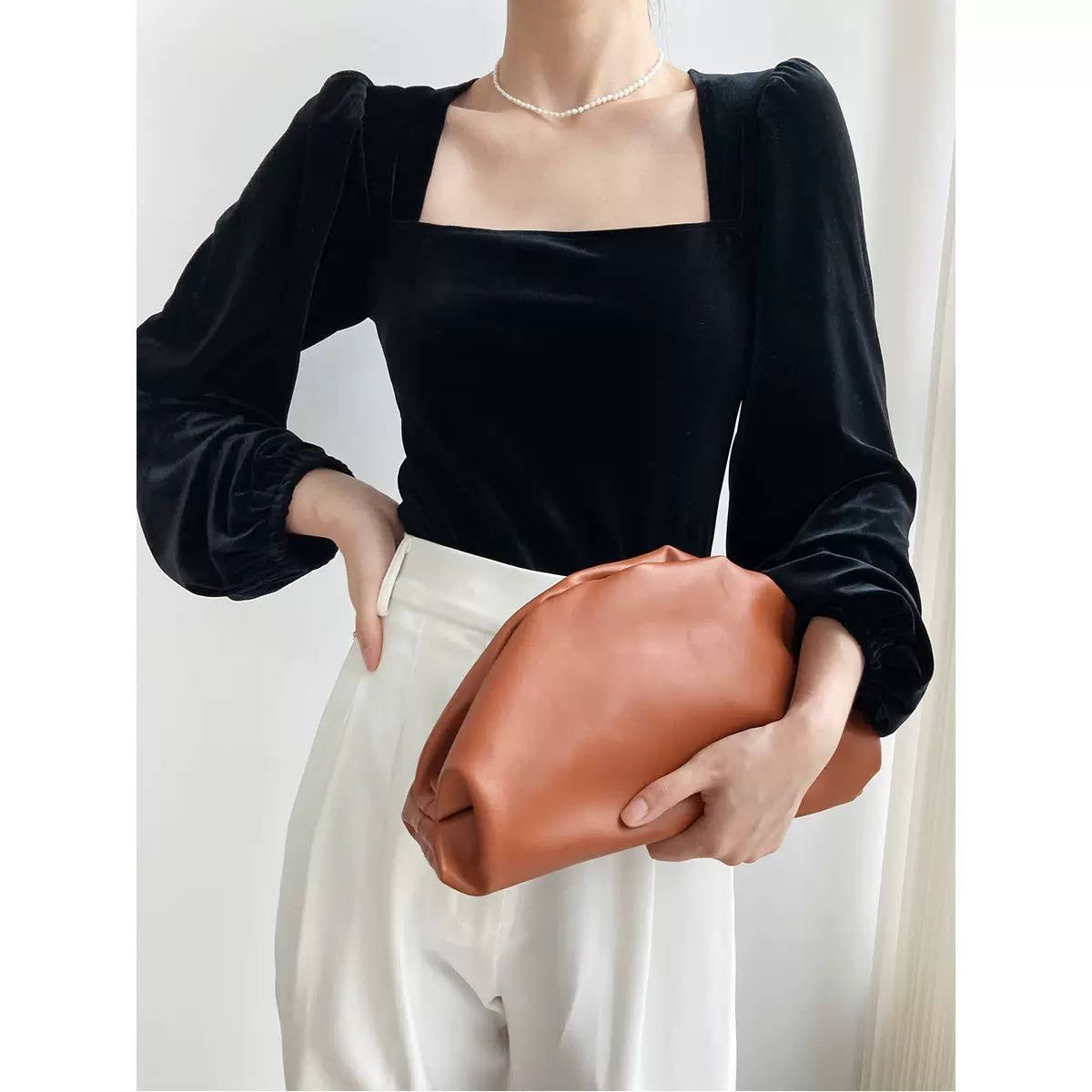Square Neck Blouse With Long Puff Sleeves – Black