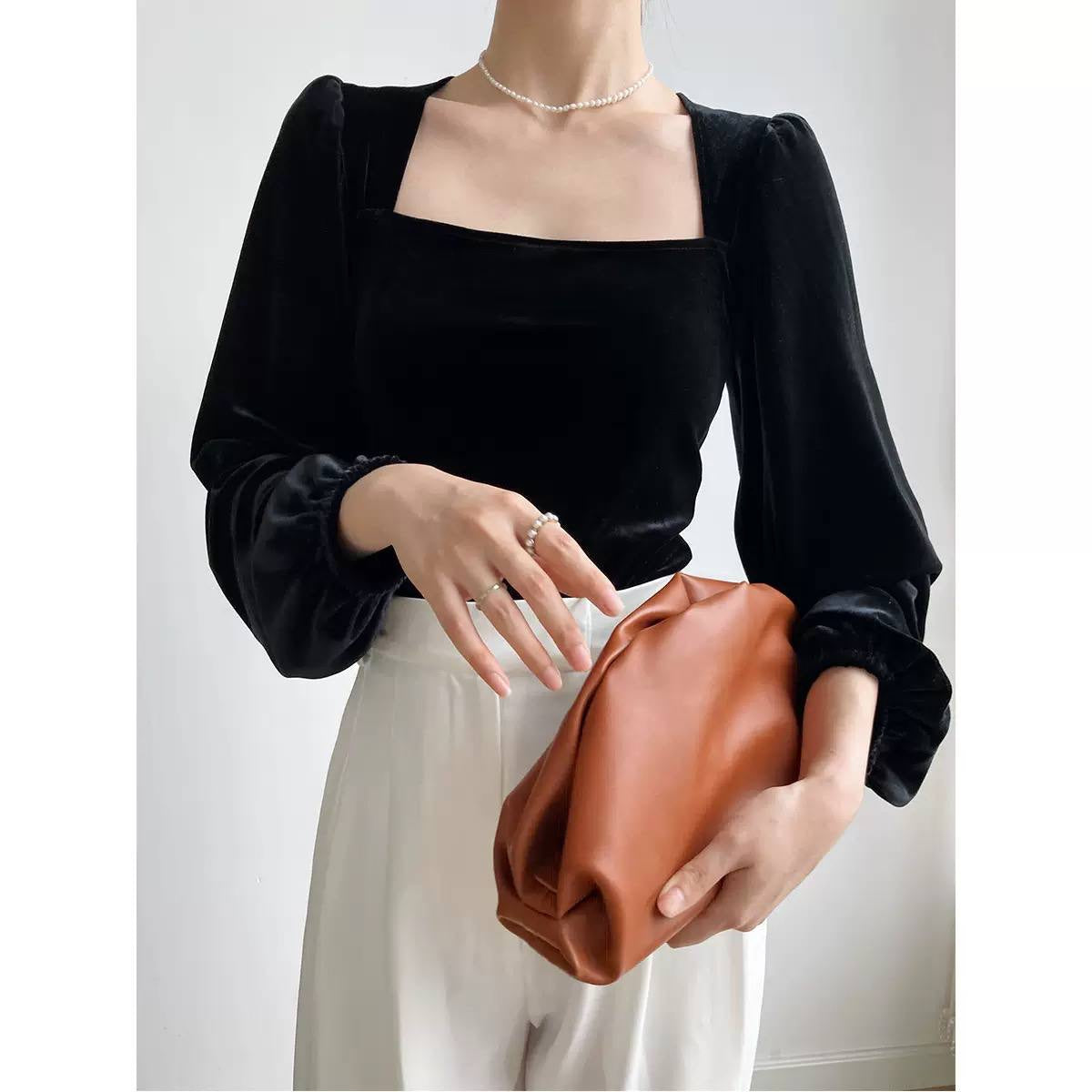 Square Neck Blouse With Long Puff Sleeves – Black