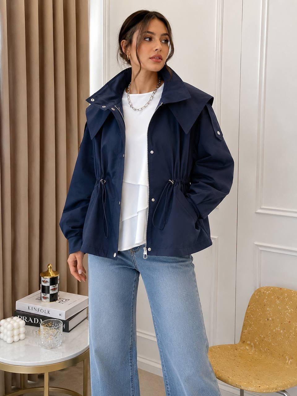 Drawstring Waist Jacket With Oversized Collar and Pockets – Navy