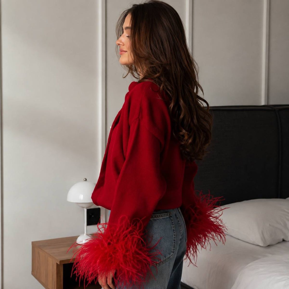 Round Neck Button-Front Cardigan With Feather-Look Cuffs – Red
