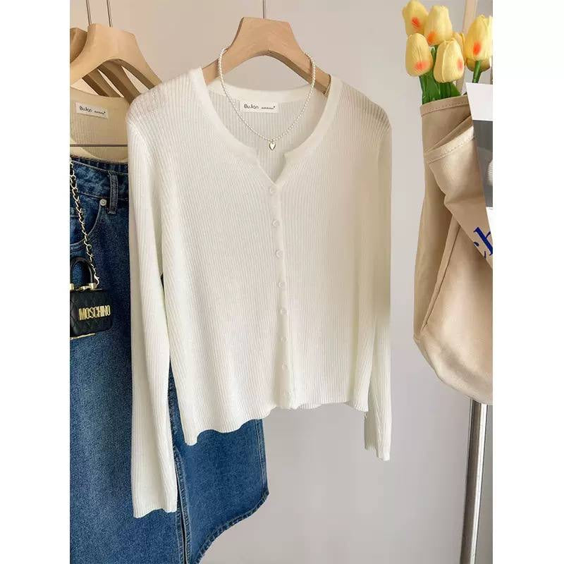 Ribbed Button-Front Cardigan With Long Sleeves – White