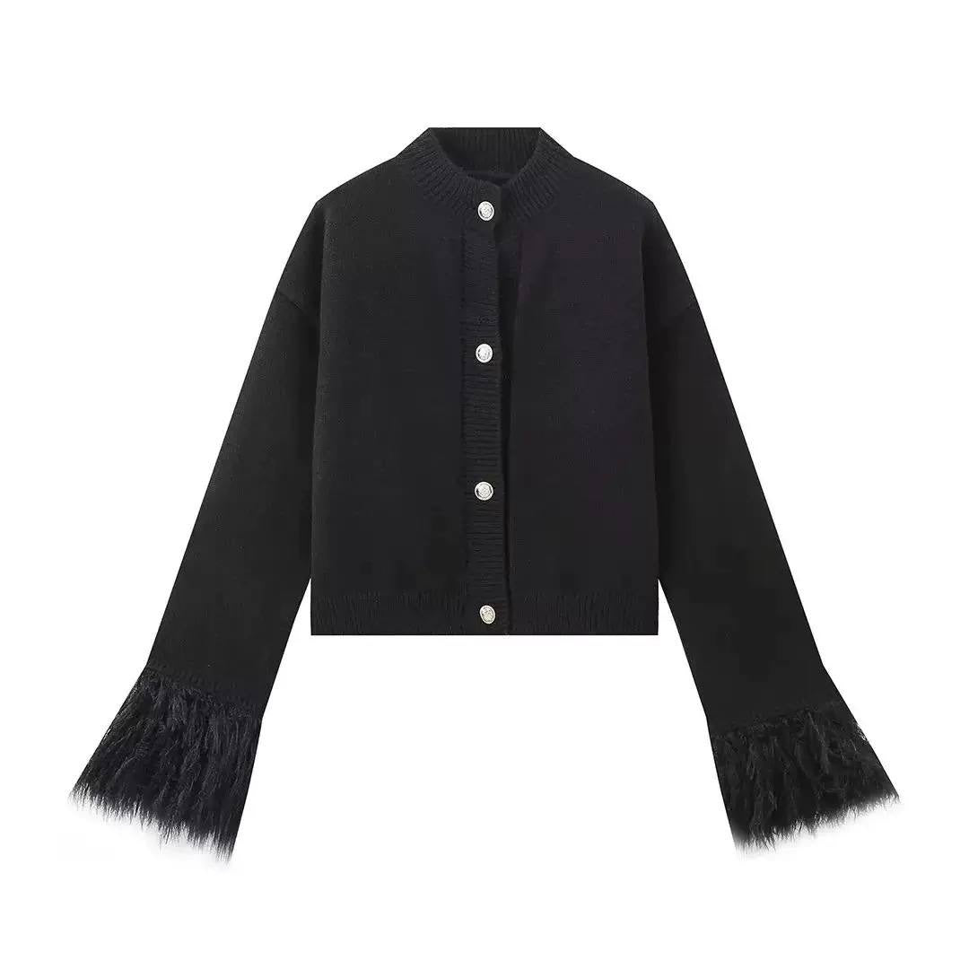 Round Neck Button-Front Cardigan With Feather-Look Cuffs – Black