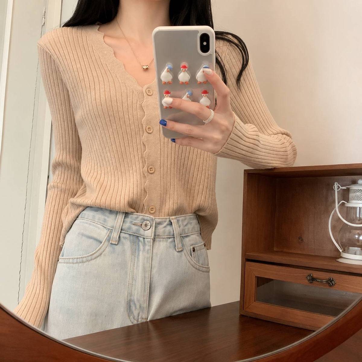 Scalloped V-Neck Ribbed Button-Front Cardigan With Long Sleeves – Beige