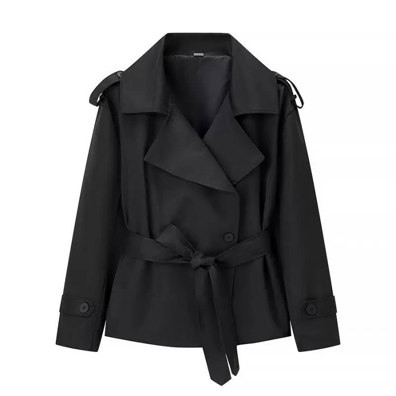 Belted Short Trench Jacket With Wide Notched Lapels – Black