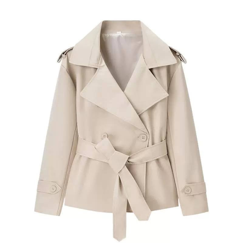 Belted Short Trench Jacket With Wide Notched Lapels – Cream