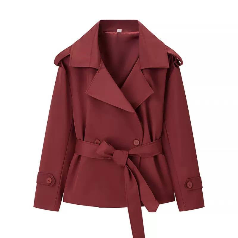 Belted Short Trench Jacket With Wide Notched Lapels – Burgundy